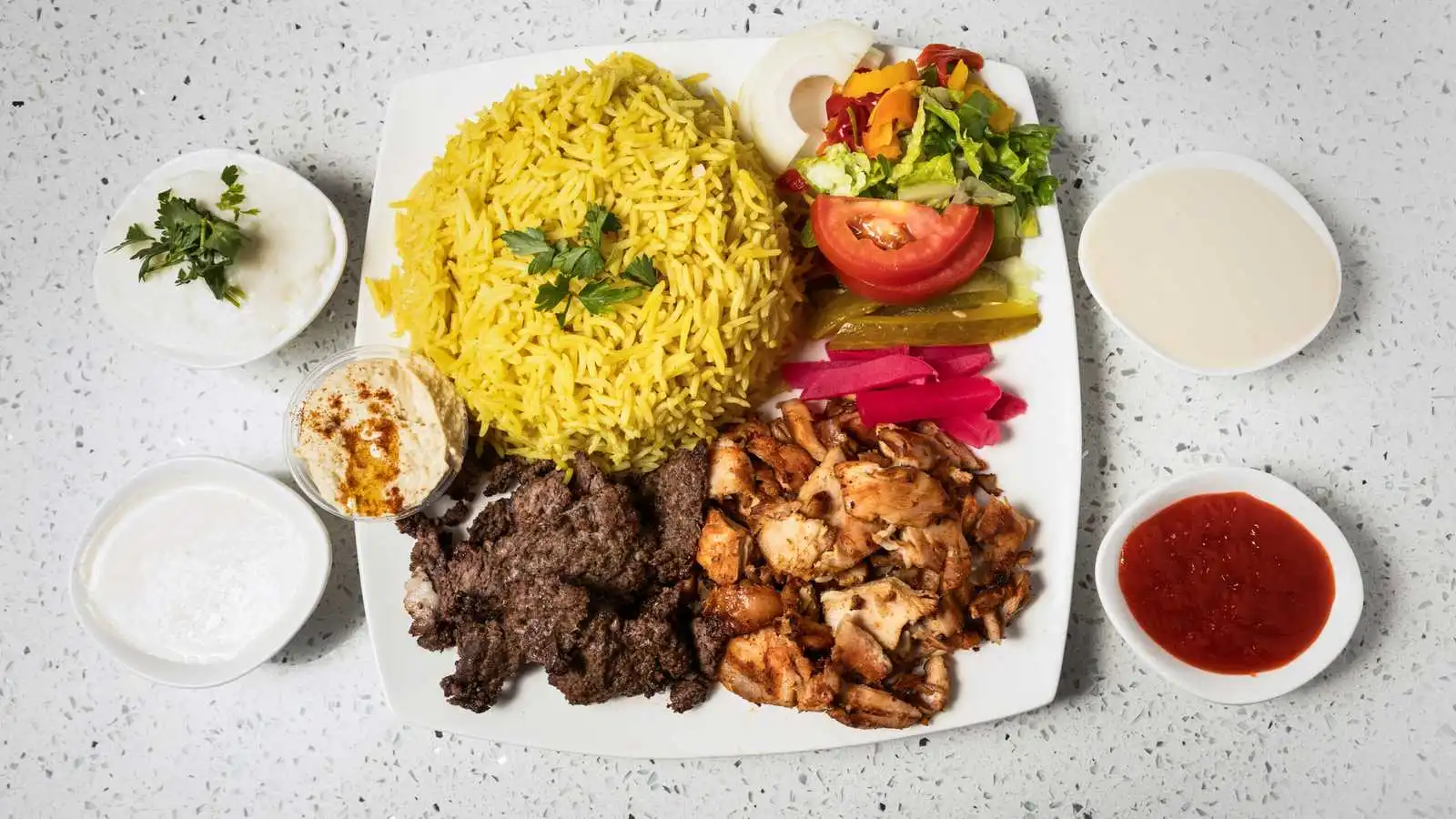 Shawarma Mix Plate with chicken beef and lamb at Original Shawarma Calgary